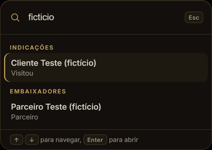 Busca rápida aberta com o termo ficticio, sem acento, encontrando um cliente e um embaixador fictícios.